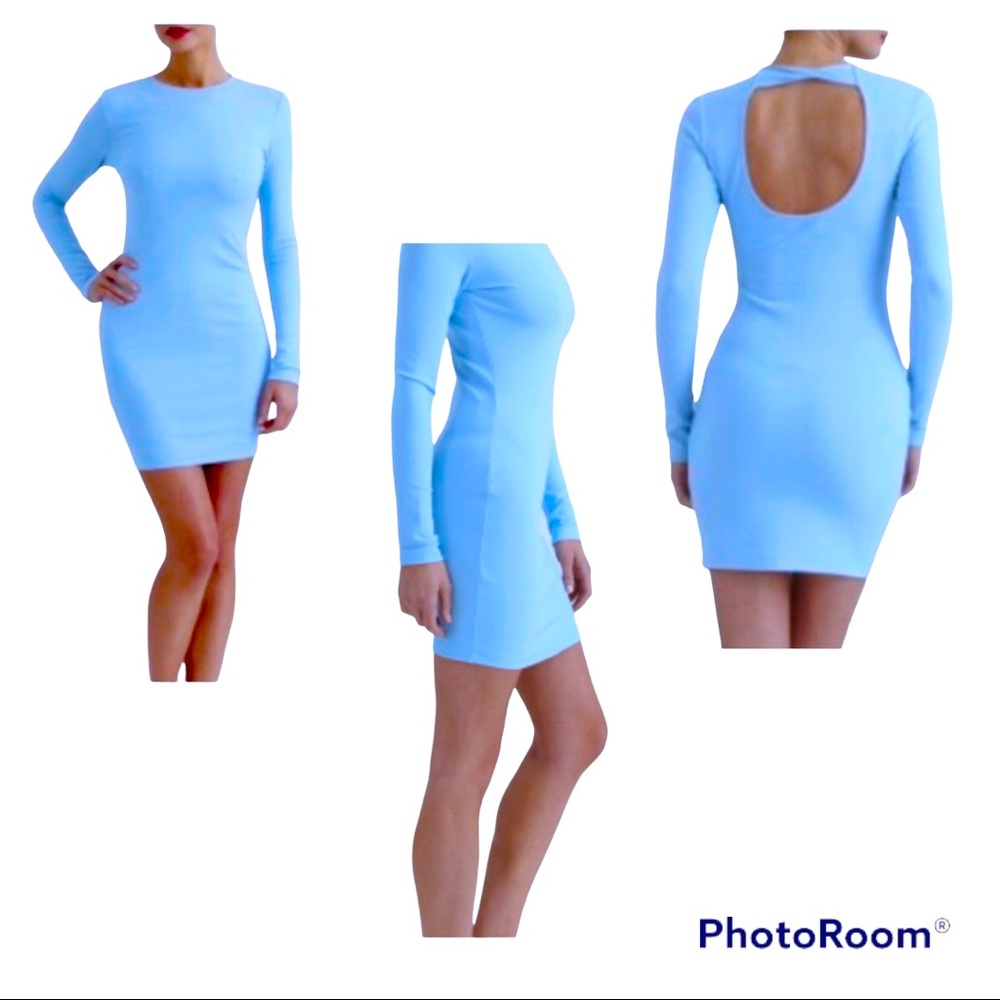 Kittenish Baby Blue Crew Neck Long Sleeve Cutout Open Back Bodycon Dress Size S